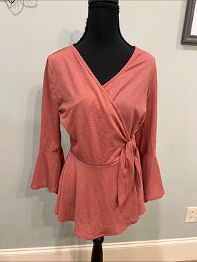 Acting Pro Dusty Rose Wrap Tunic with Tie and Bell Sleeves